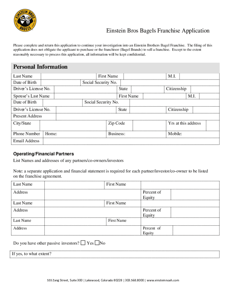 Fillable Online Einstein Bros Bagels Franchise Application Fax Email