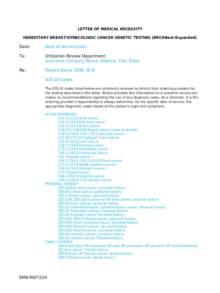 LETTER of MEDICAL NECESSITY for HEREDITARY CANCER TESTING
