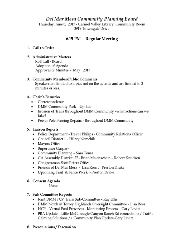 Fillable Online Del Mar Mesa Community PlanPlanning Department San
