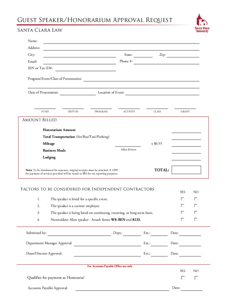 Fillable Online law scu Guest Speaker/Honorarium Approval Request