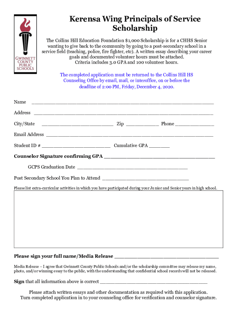 Fillable Online Kerensa Wing Principles of Service Scholarship gcps