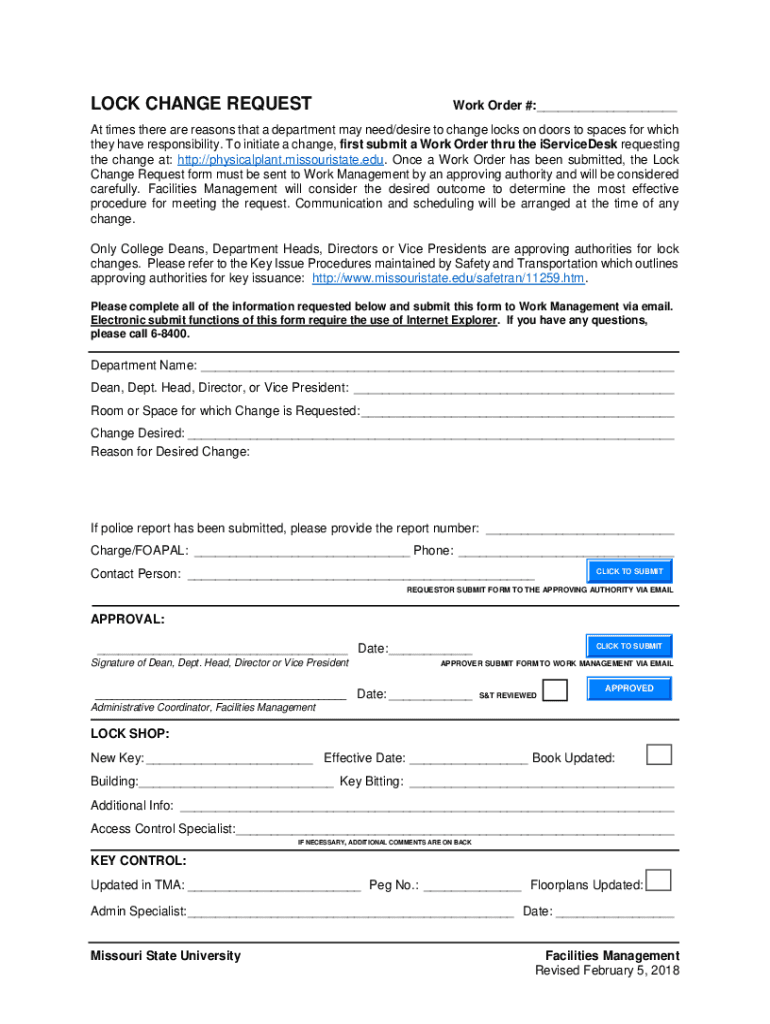 Fillable Online LOCK CHANGE REQUEST Work Order Missouri State Fax