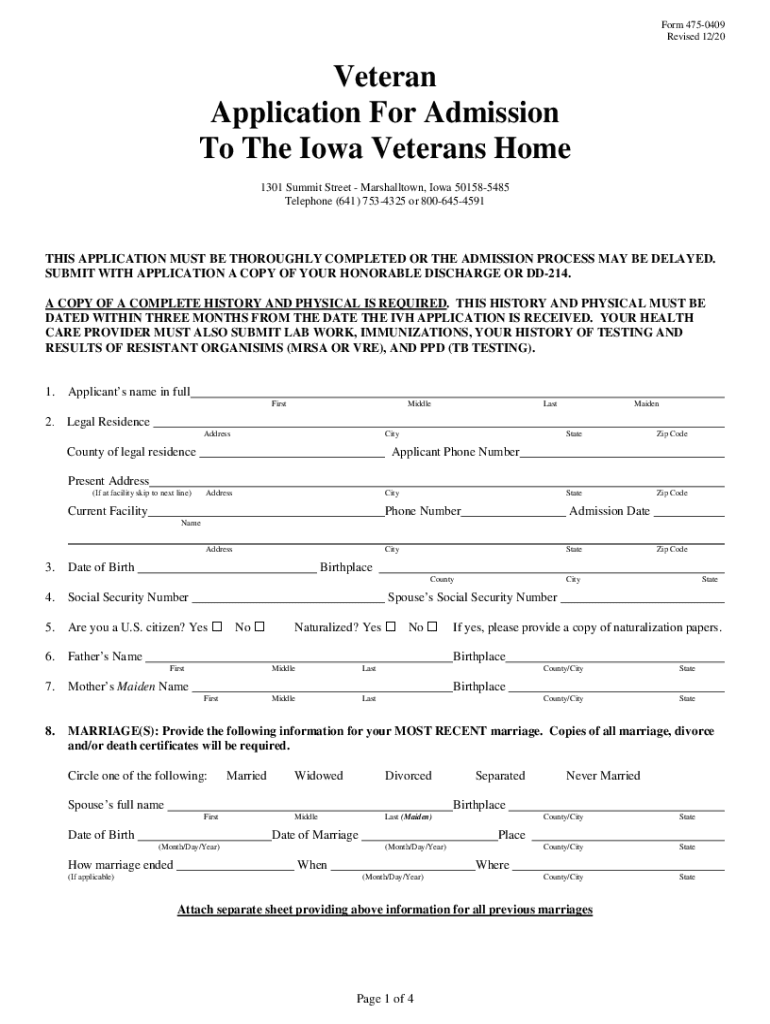 Veteran Application for Admission - Iowa Preview on Page 1