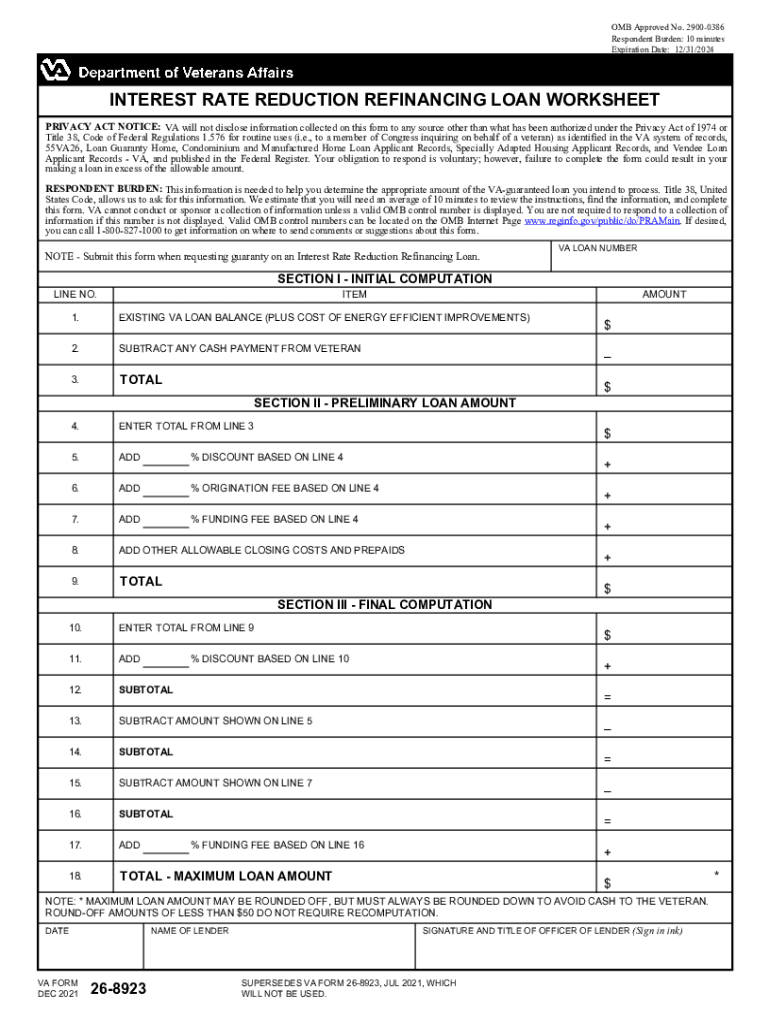 VA Form 26-8923. INTEREST RATE REDUCTION REFINANCING LOAN WORKSHEET: Fill  out & sign online | DocHub