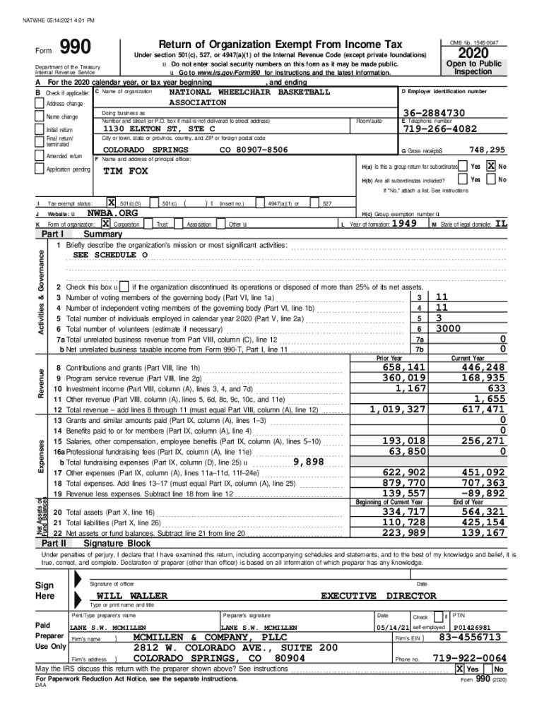 Fillable Online Form 990 Return of Organization Exempt From Tax