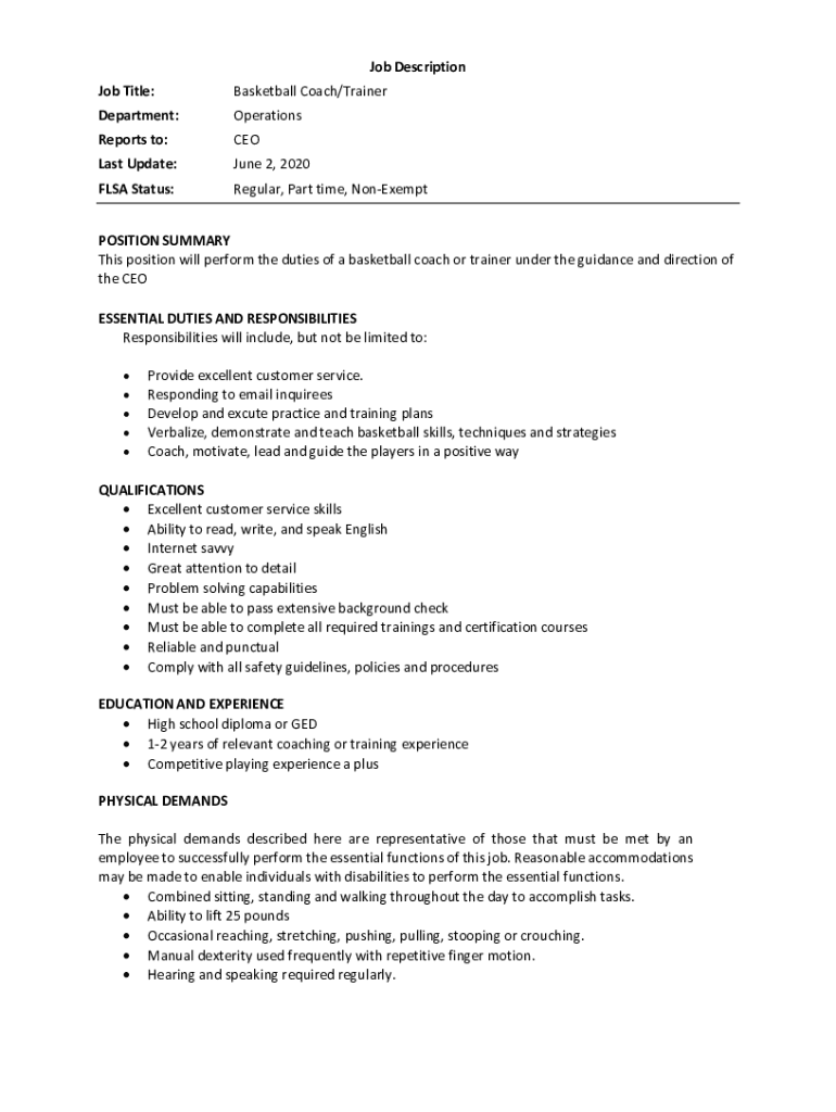Fillable Online What Does A Basketball Coach Do Job Description