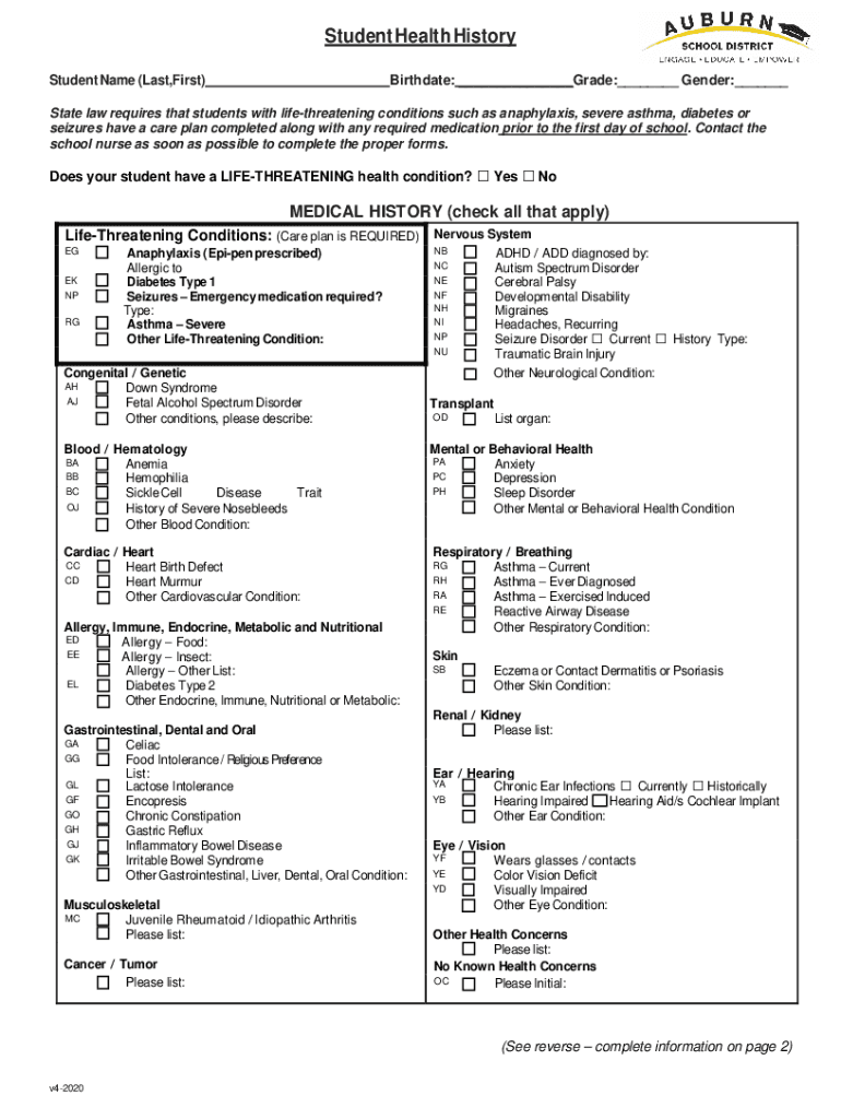 Fillable Online STUDENT HEALTH RECORD Northshore School District (Last