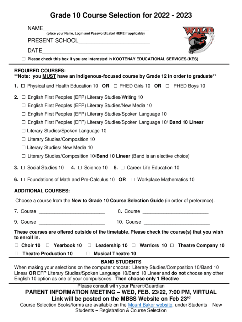 Fillable Online Grade 10 Course Selection Sheet and Electives (2022-2023) Fax Email Print ...