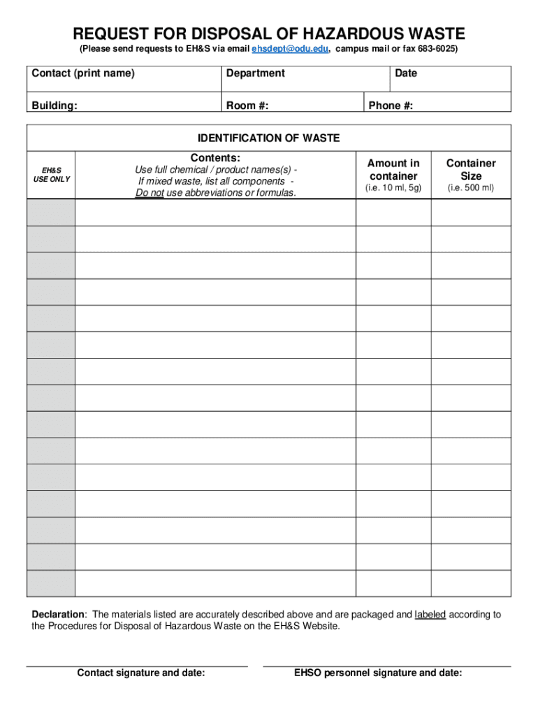 Fillable Online Hazardous Waste Disposal Form Fax Email Print pdfFiller