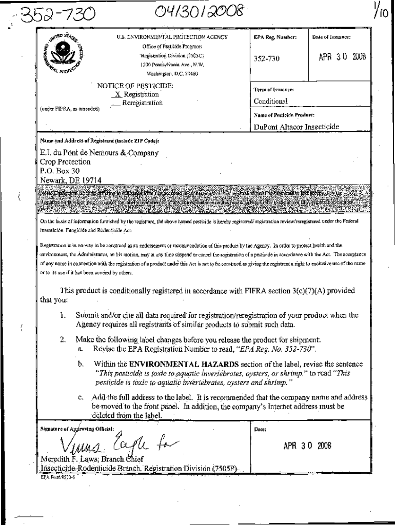 Fillable Online U.S. EPA, Pesticide Product Label, DUPONT ALTACOR