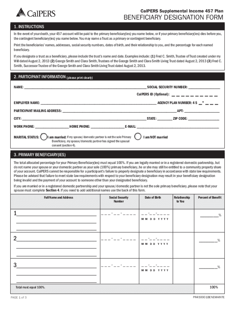 Fillable Online CalPERS Supplemental Income 457 Plan BENEFICIARY ...