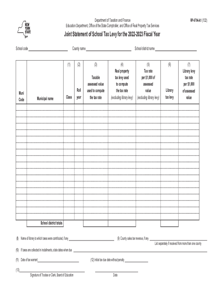 Form RP-6704-A1 Joint Statement of School Tax Levy for the 2022-2023 Fiscal Year Revised 7/22 Preview on Page 1.