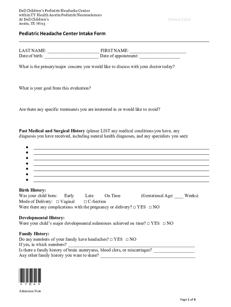 Fillable Online UT Health Austin Pediatric Neurosciences at Dell