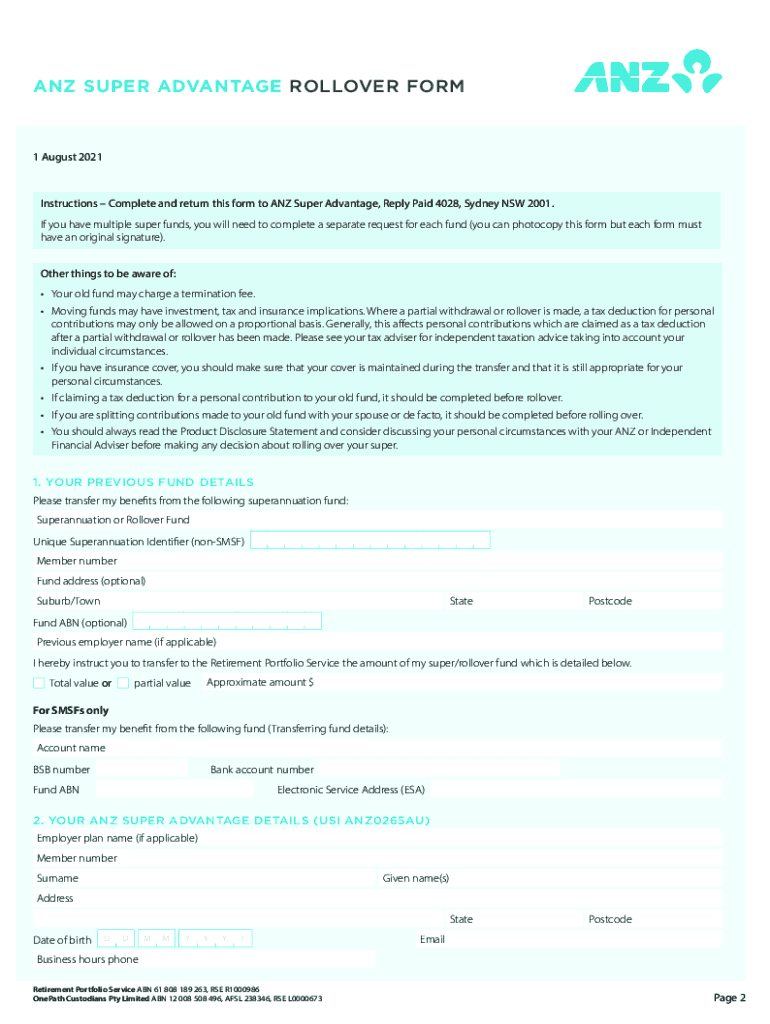 Fillable Online ANZ Super Advantage Rollover form. Rollover form Fax