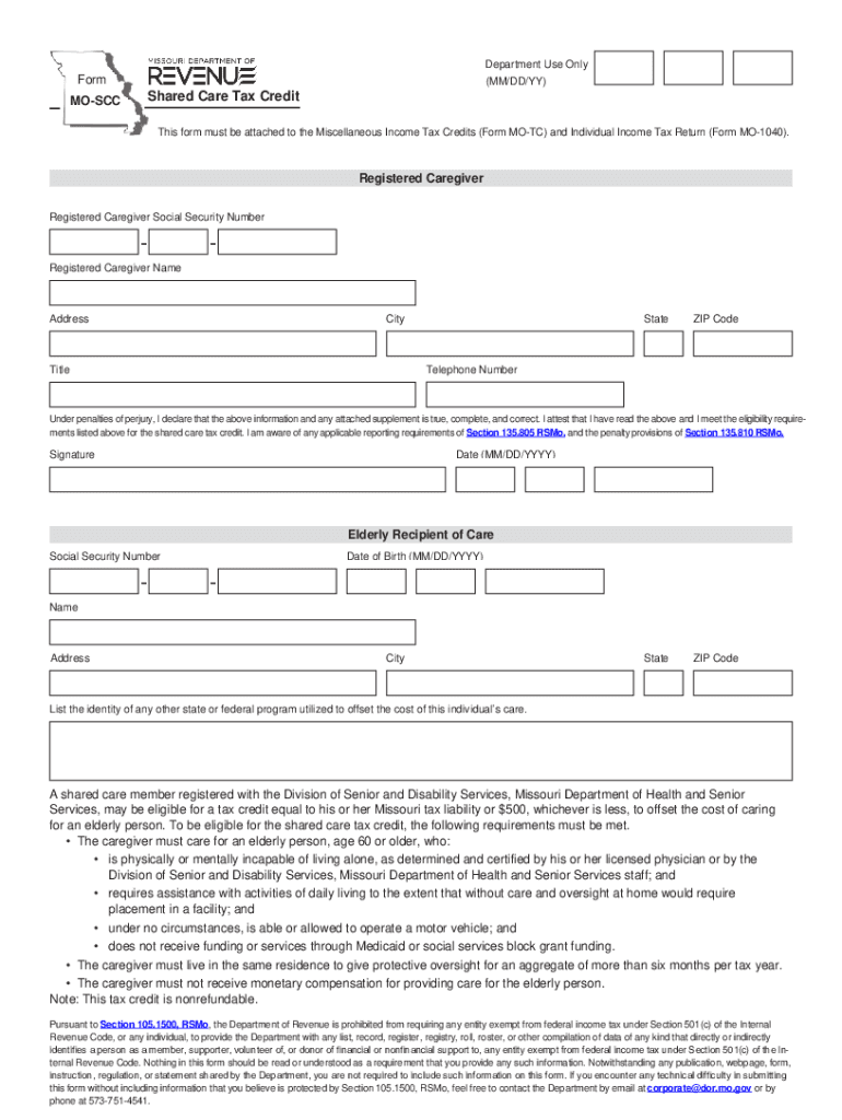 Missouri Form MO-SCC (Shared Care Tax Credit) - TaxFormFinder Preview on Page 1