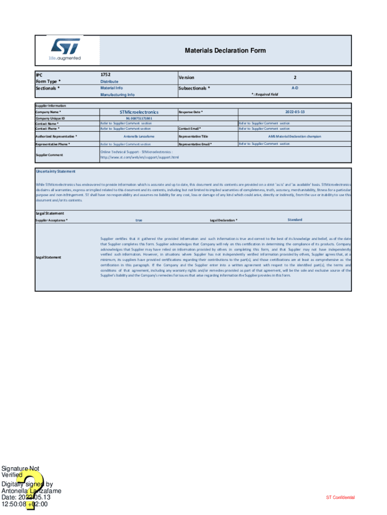 Fillable Online my2.st.com resource enMaterials Declaration Form Fax ...