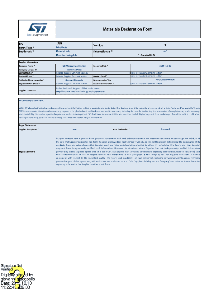 Fillable Online Materials Declaration Form Digitally signed by giovanni ...
