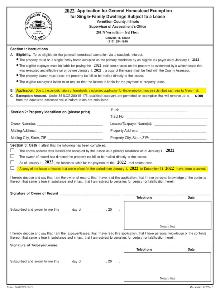 Fillable Online Application for General Homestead Exemption for