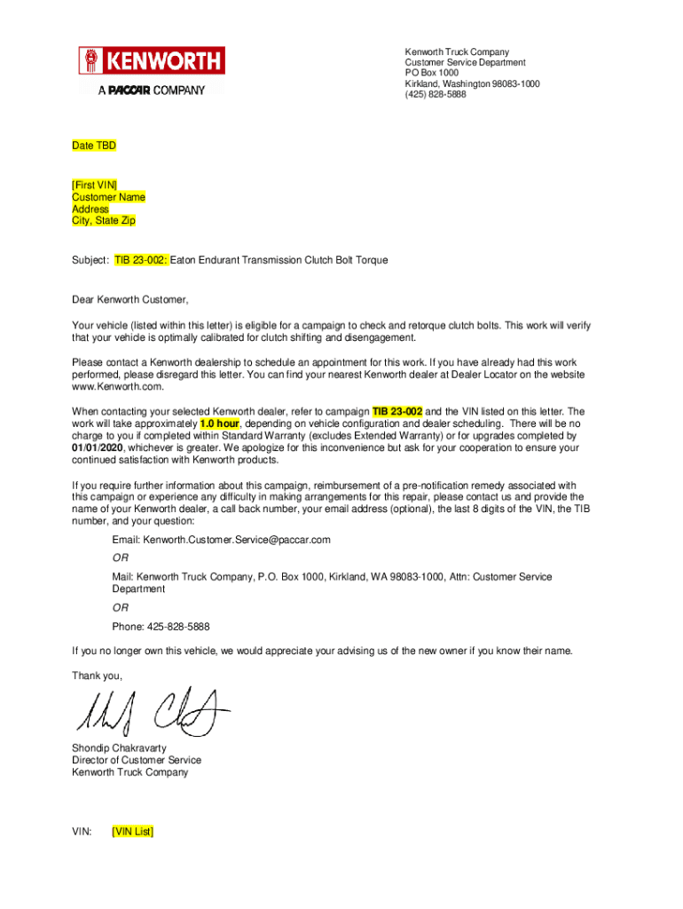 Fillable Online TIB 23002 Eaton Endurant Transmission Clutch Bolt