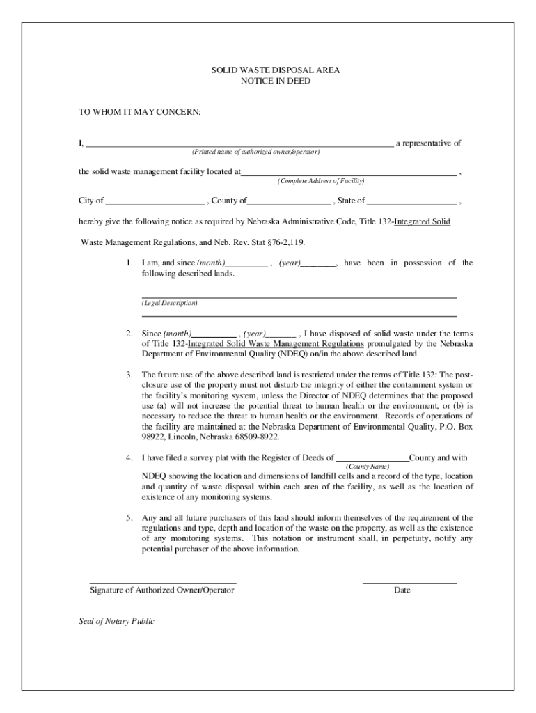 Fillable Online SOLID WASTE DISPOSAL AREA NOTICE IN DEED TO WHOM IT Fax Email Print pdfFiller