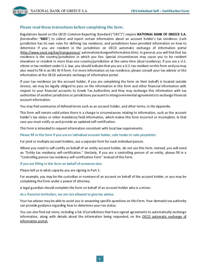 Fillable Online Instructions CRS Individual SelfCertification