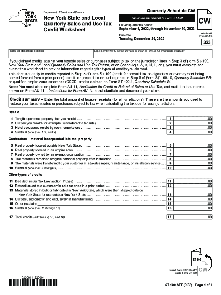 Form ST-100-ATT New York State and Local Quarterly Sales and Use Tax Credit Worksheet Revised 9/22 Preview on Page 1