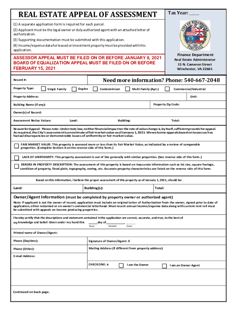 Fillable Online REAL ESTATE APPEAL OF ASSESSMENT Tax Year Winchester