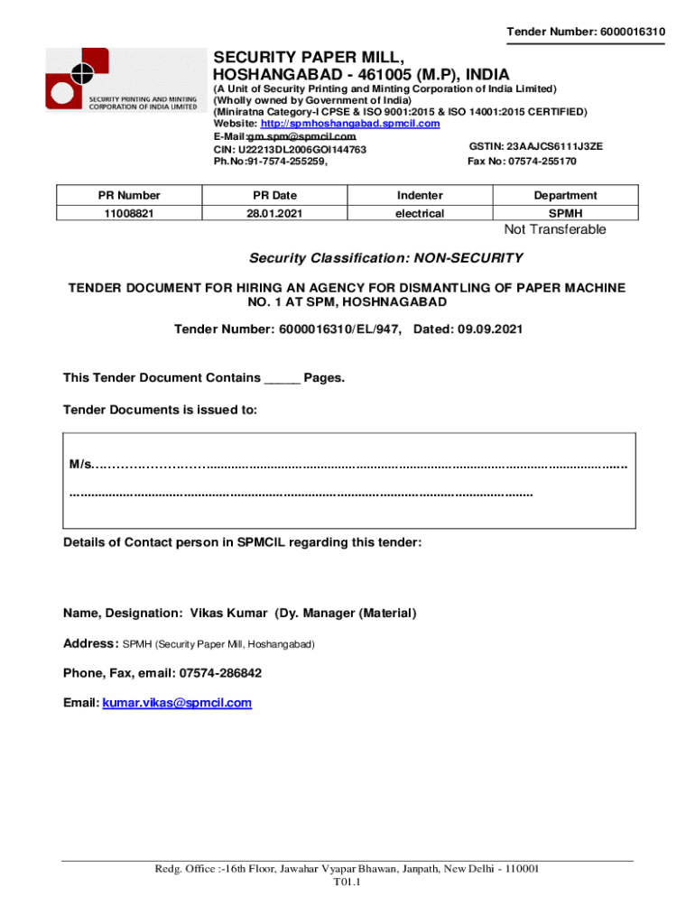 Fillable Online SECURITY PAPER MILL, HOSHANGABAD Fax Email