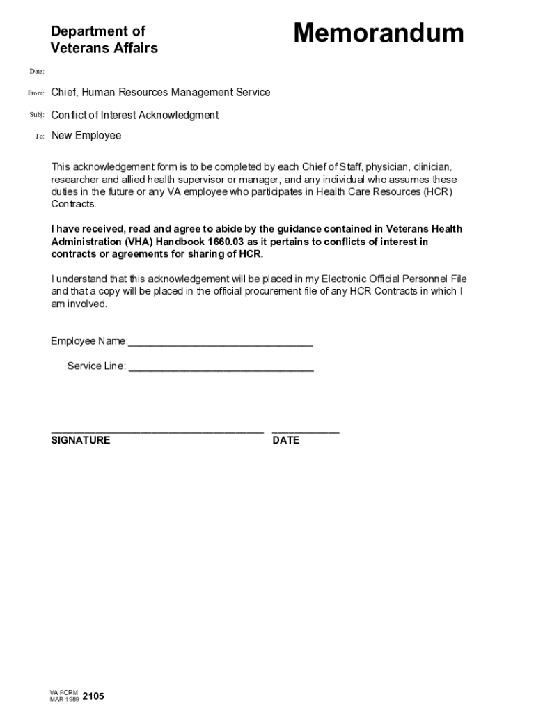 Fillable online va form 2105 memorandum 12arial 2105 memorandum