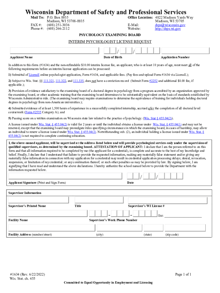 Fillable Online dsps wi 1634, Interim Psychologist License Request