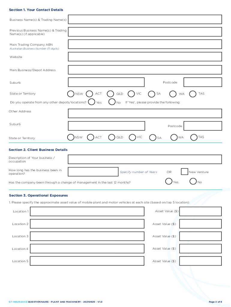 Fillable Online Questionnaire Plant and Machinery. GT Insurance
