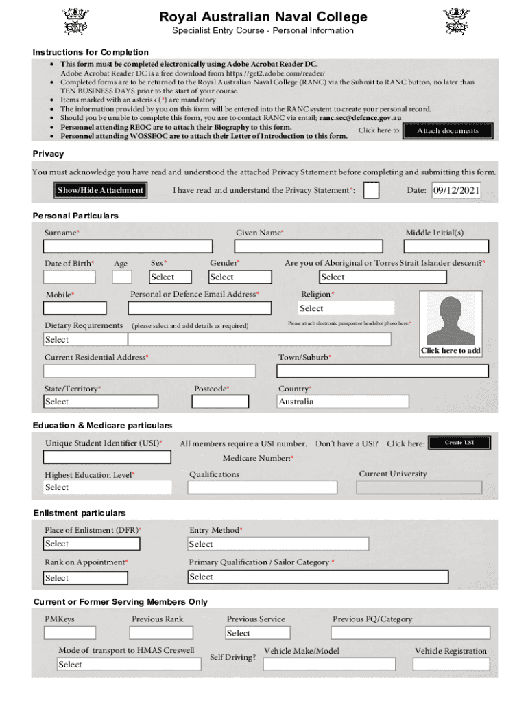 Fillable Online Specialist Entry Course Personal Information form