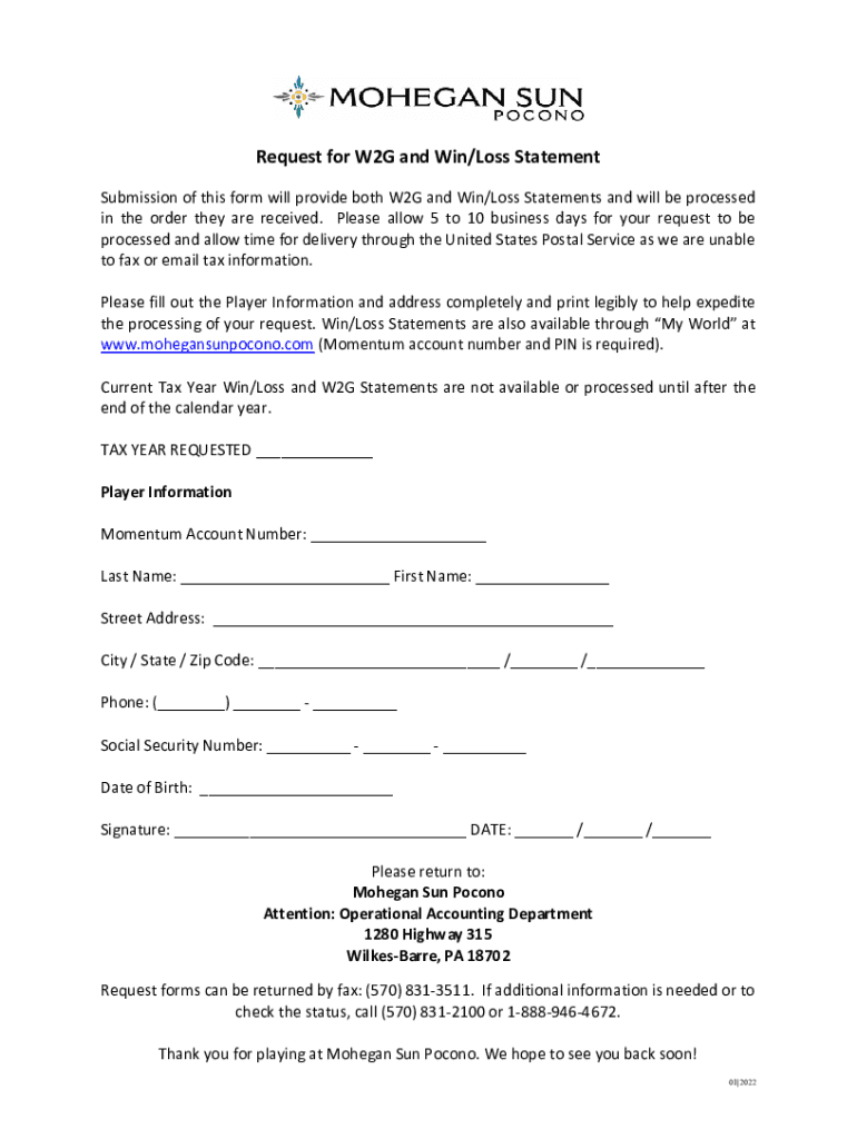 Fillable online win loss w2g request form rev 01 2022 fax email print