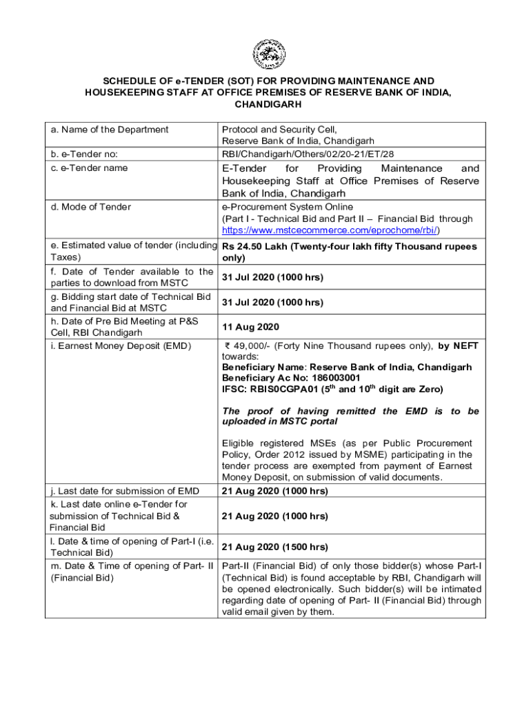 Fillable Online ETender for Providing Maintenance and Housekeeping