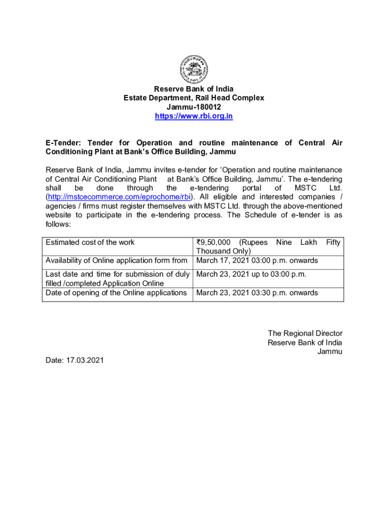 Fillable Online Reserve Bank of India Estate Department, Rail Head Complex Jammu1Reserve Bank