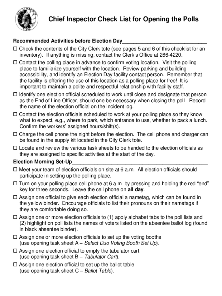 Fillable Online Chief Inspector Check List for Closing the Polls