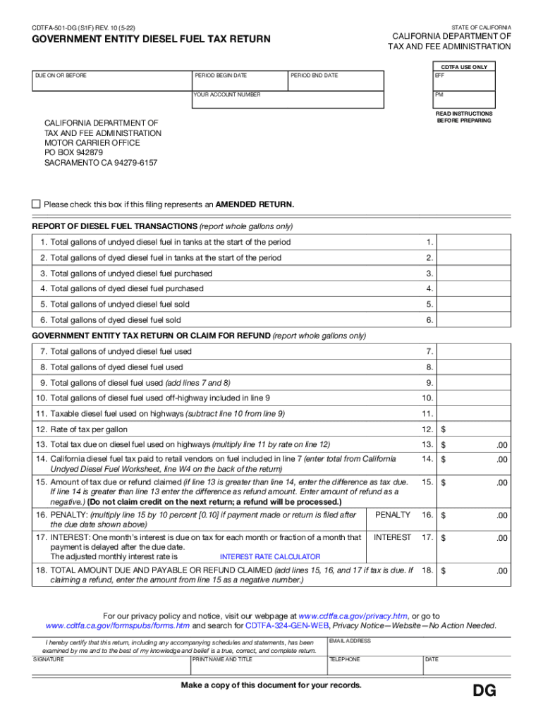 Form CDTFA-501-DG "Government Entity Diesel Fuel Tax Return" - California Preview on Page 1