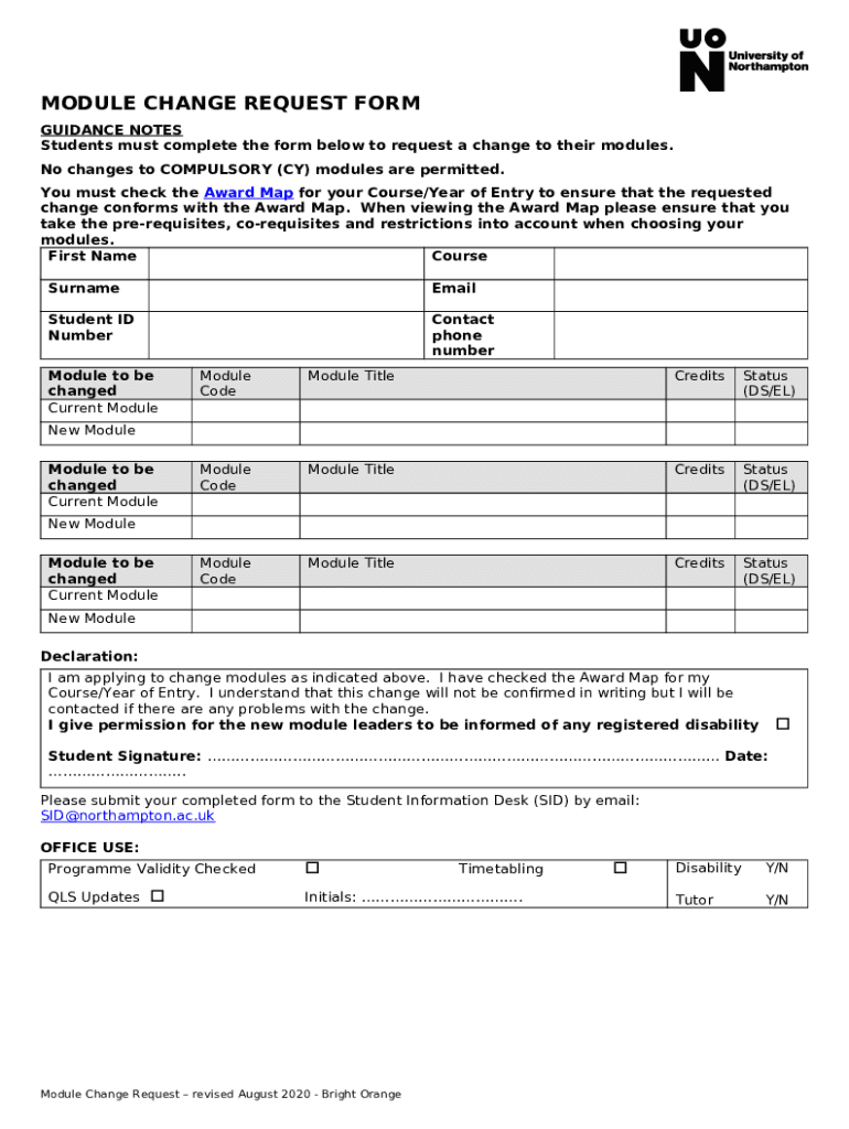 Module Change Request University of Northampton Doc Template pdfFiller