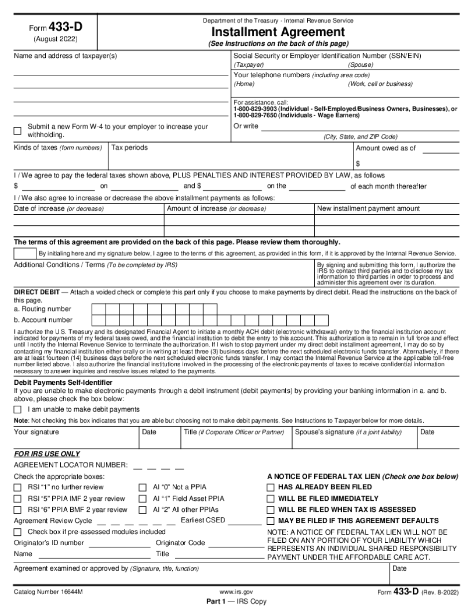 Irs Form 433-D: Installment Agreement | Fill Out Online | PDF