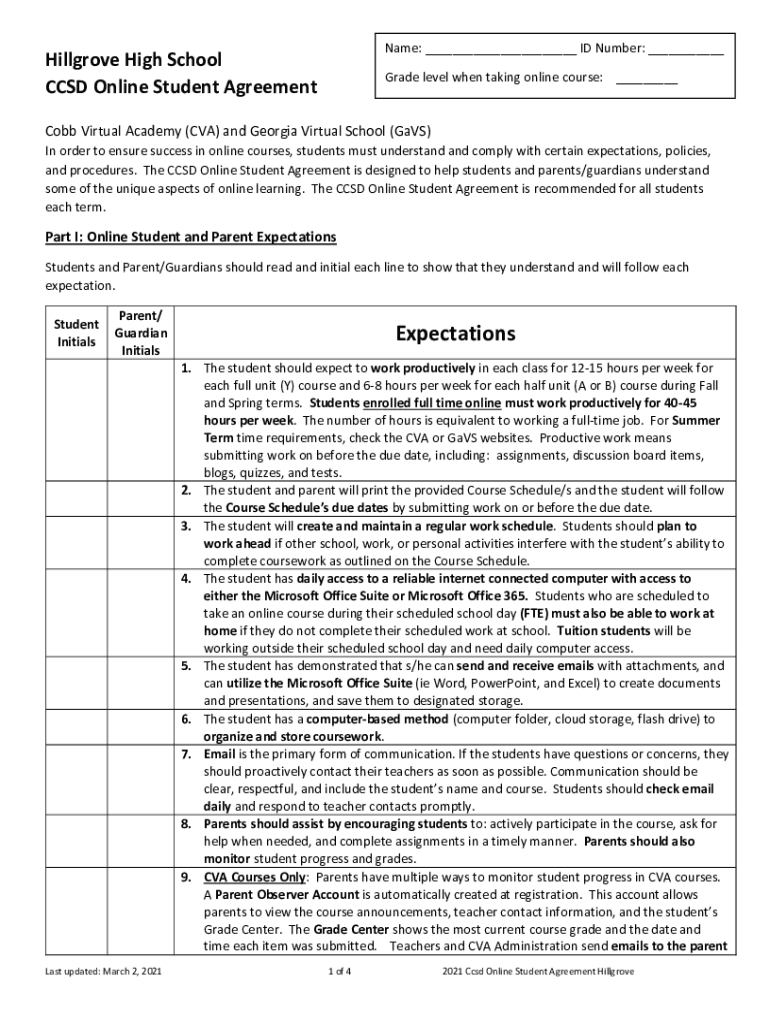 Fillable Online Hillgrove High School CCSD Online Student Agreement Fax