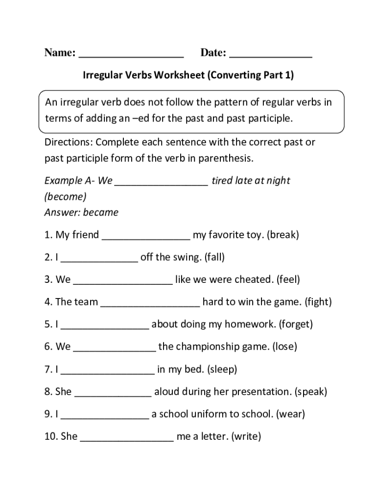 Irregular Verbs Worksheet - Blank Fillable Template | Fill Out, Print ...