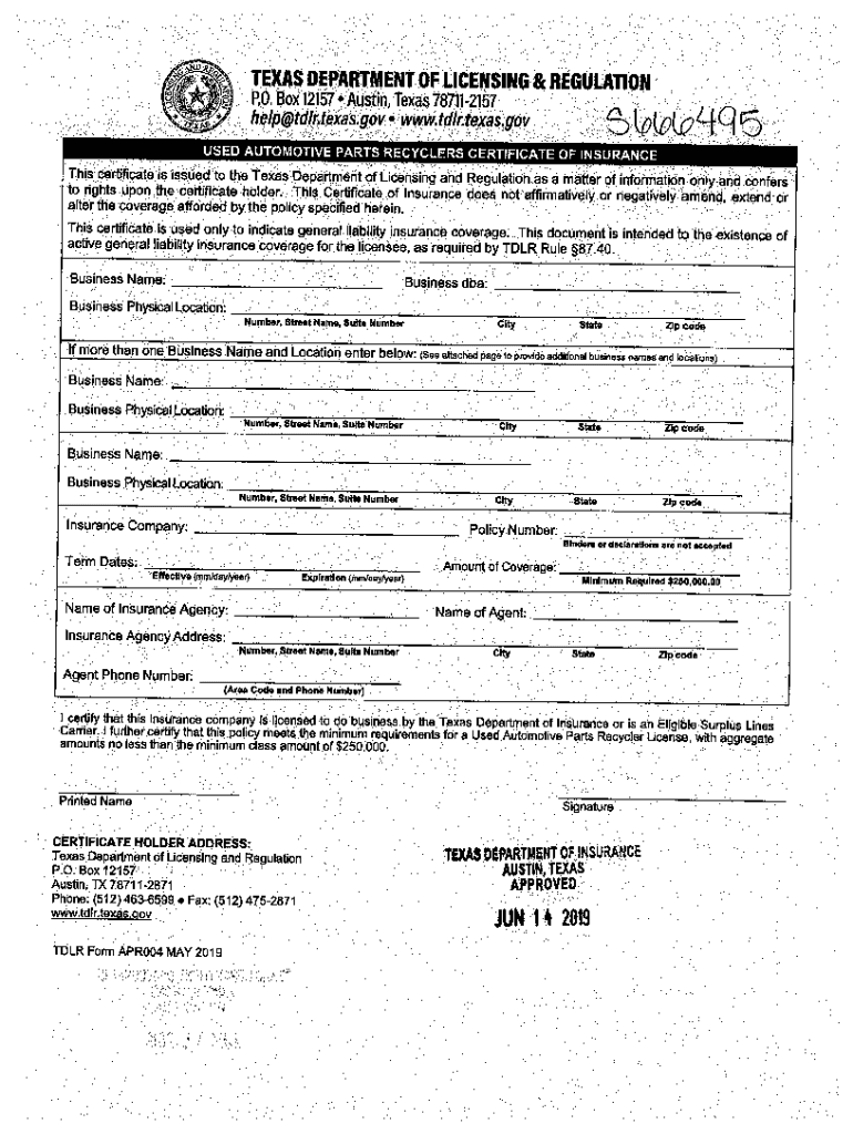 Fillable Online Used Automotive Parts Recyclers Certificate of