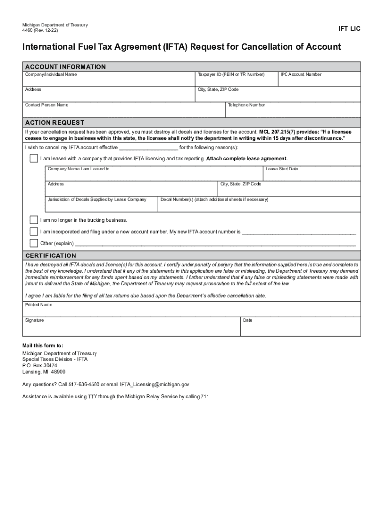 4460, International Fuel Tax Agreement Request for Cancellation of Preview on Page 1