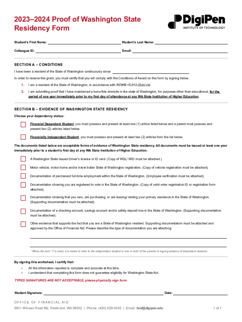 Fillable Online 20232024 Proof of Washington State Residency Form. 20232024 Proof of Washington