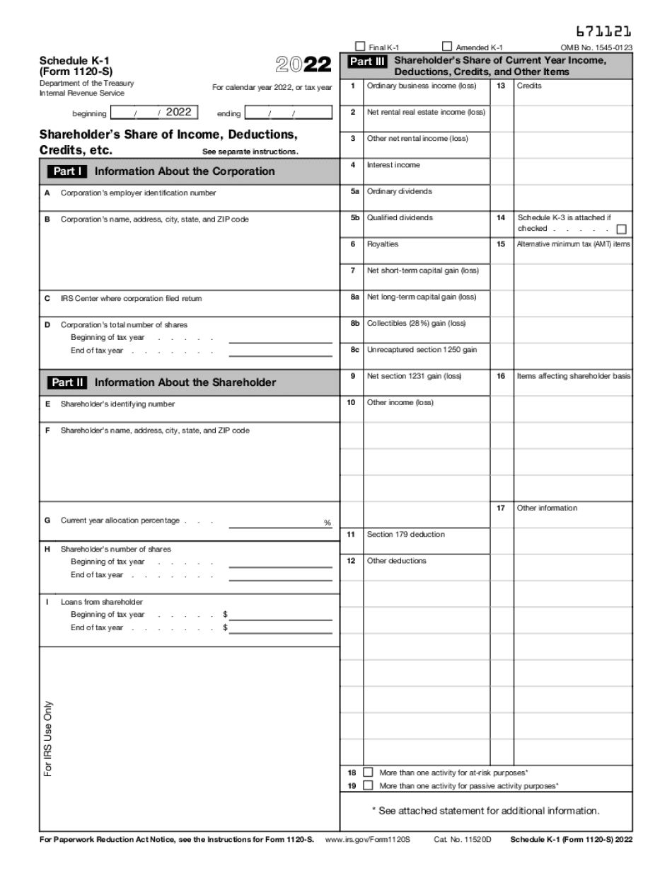 Shareholder's Instructions For Schedule K-1 (Form 1120-S