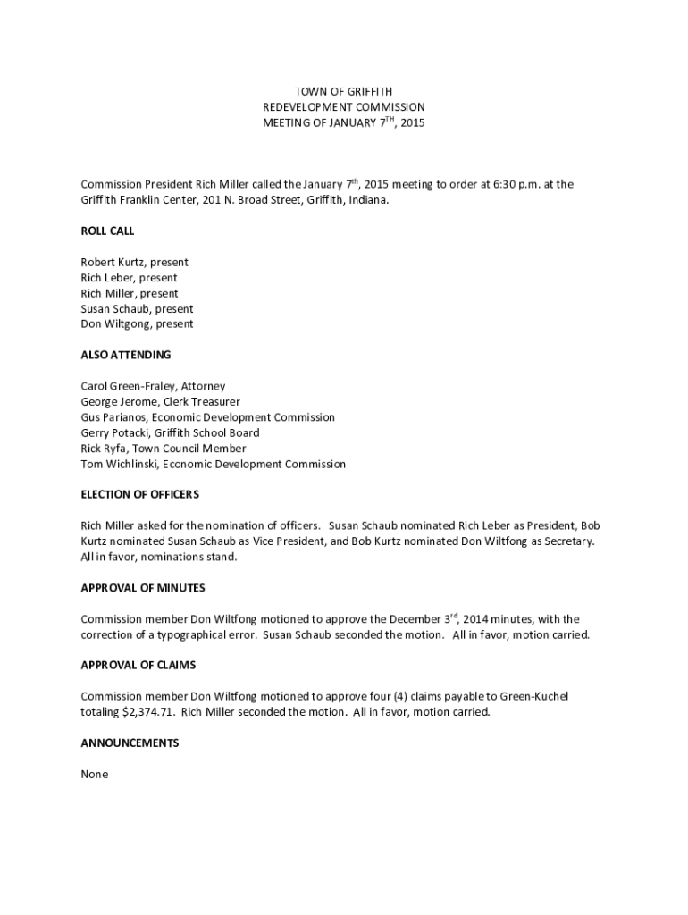Fillable Online Executive Session Redevelopment CommissionTown of Griffith Indiana Fax Email