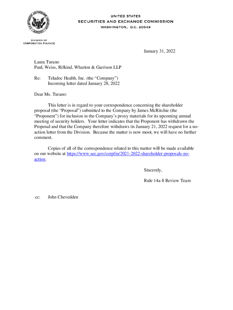 Fillable Online Teladoc Health, Inc.; Rule 14a8 noaction letter Fax