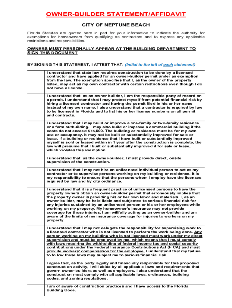 Fillable Online OWNERBUILDER STATEMENT/AFFIDAVIT St. Pete Beach