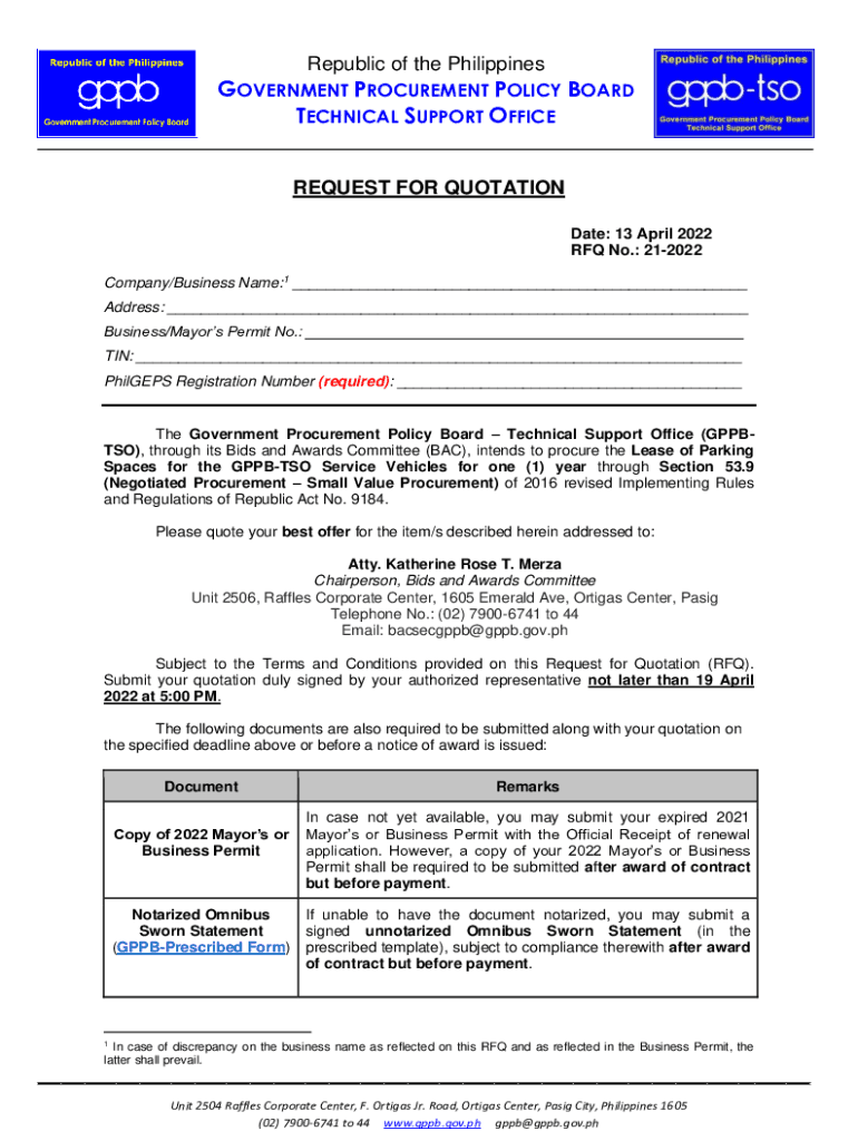 Fillable Online RFQ Lease of Parking Spaces for the GPPBTSO Service