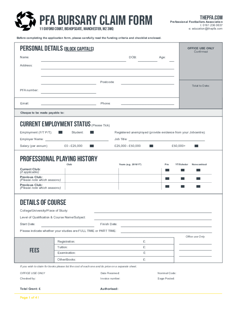 PFA bursary Claim form - Professional Footballers' Association Preview on Page 1
